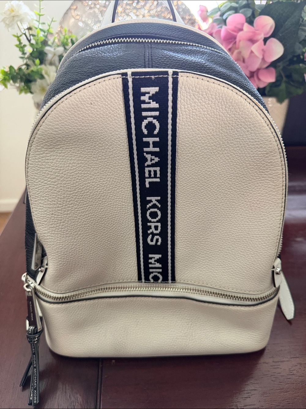 Michael Kors White and Black Logo Stripe Leather Backpack with Dust Bag
